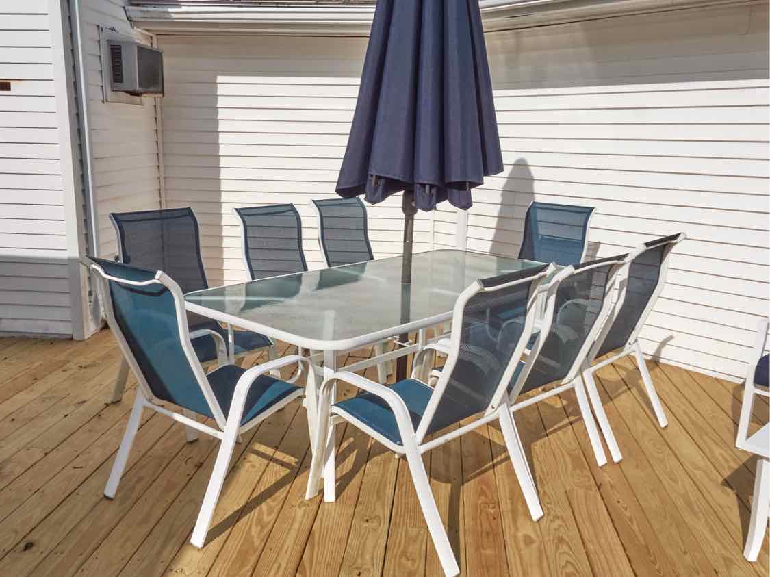 Glass Top White  Metal Outdoor Dining Table, Navy Umbrella 8 Mesh Navy Chairs