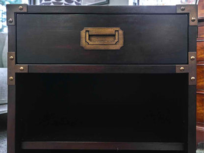 Pair of Walnut Campaign Style 1 Drawer Nightstands