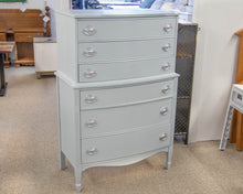 Bow Front Iced Blue/Grey 6 Drawer Chest On Chest  W/ Silver Hepplewhite  Pulls