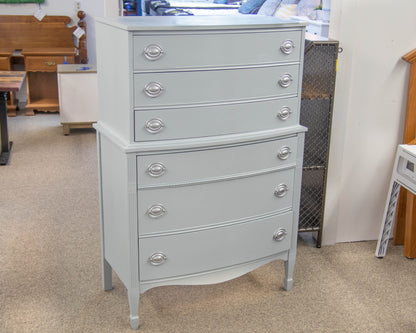 Bow Front Iced Blue/Grey 6 Drawer Chest On Chest  W/ Silver Hepple Pulls