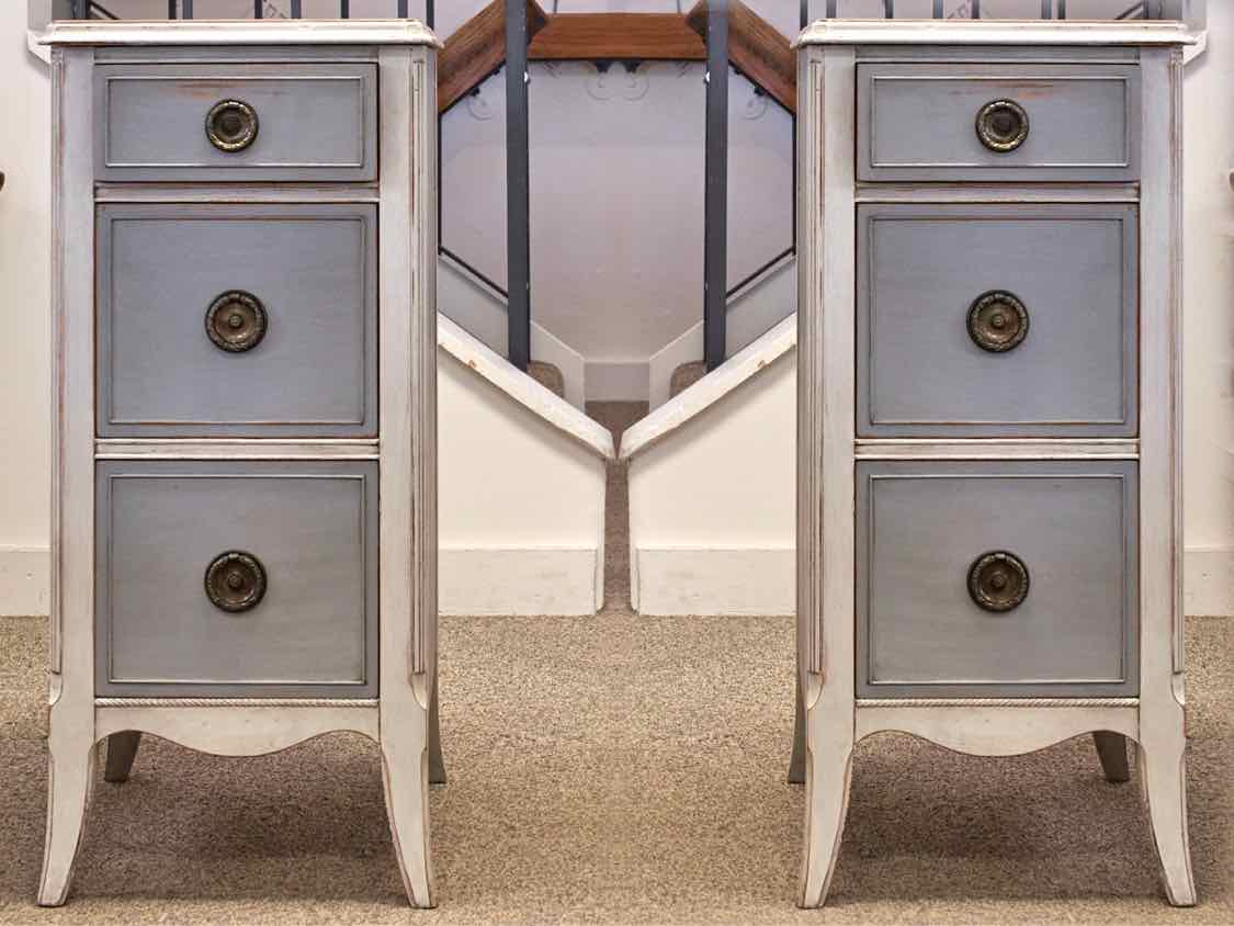Pair of Rustic Narrow Nightstands in Blue & Grey