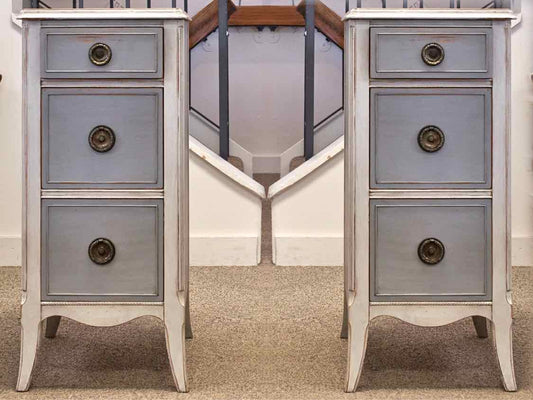 Pair of Rustic Narrow Nightstands in Blue & Grey