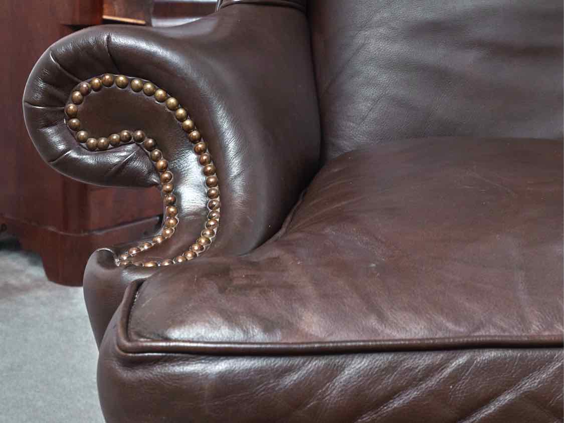 Pair Of Sam Moore 'Walnut Brown' Leather Wing Back Nailhead Trim Chairs