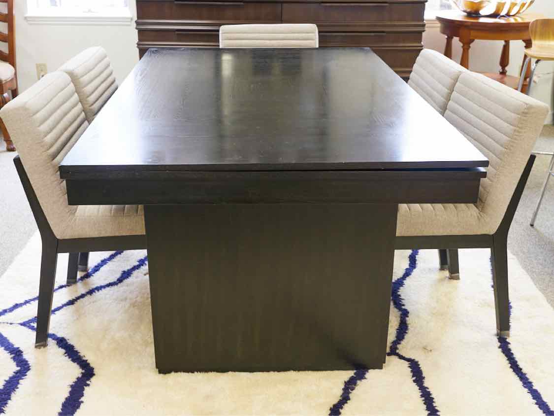 Black Finish Table & 6 Side Chair Set with Light Grey Upholstery