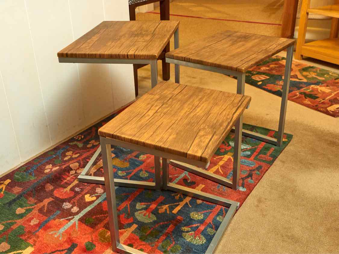 Set Of 3  Gumwood Top Chrome Legs Nesting Accent Tables