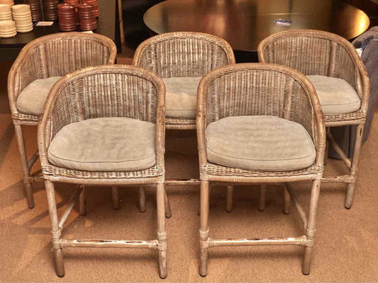 Set Of 5 Pottery Barn Wicker  Counter Stools With Gray Cushions