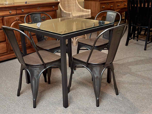 Industrial Tolix Style Metal Glass  Top Table & 4 Metal & Cypress Chair Set