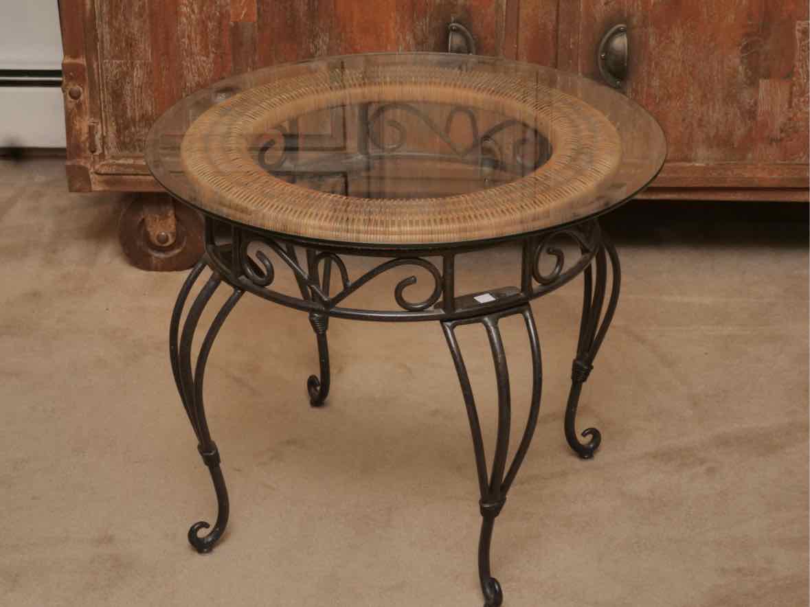 Round Glass Top Rattan & Metal Side Table