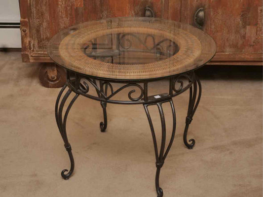 Round Glass Top Rattan & Metal Side Table
