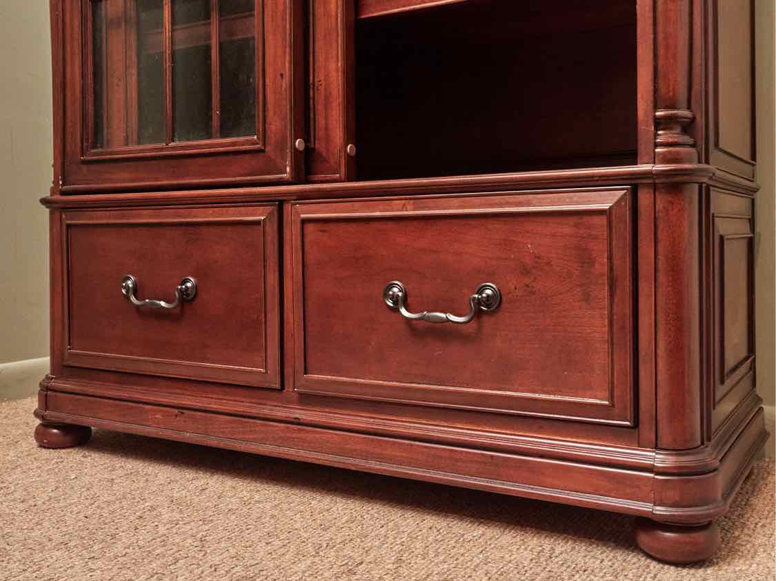 Riverside  Stained Cherry 2 Glass Sliding Doors 3 Shelf 2 Drawers Bookcase