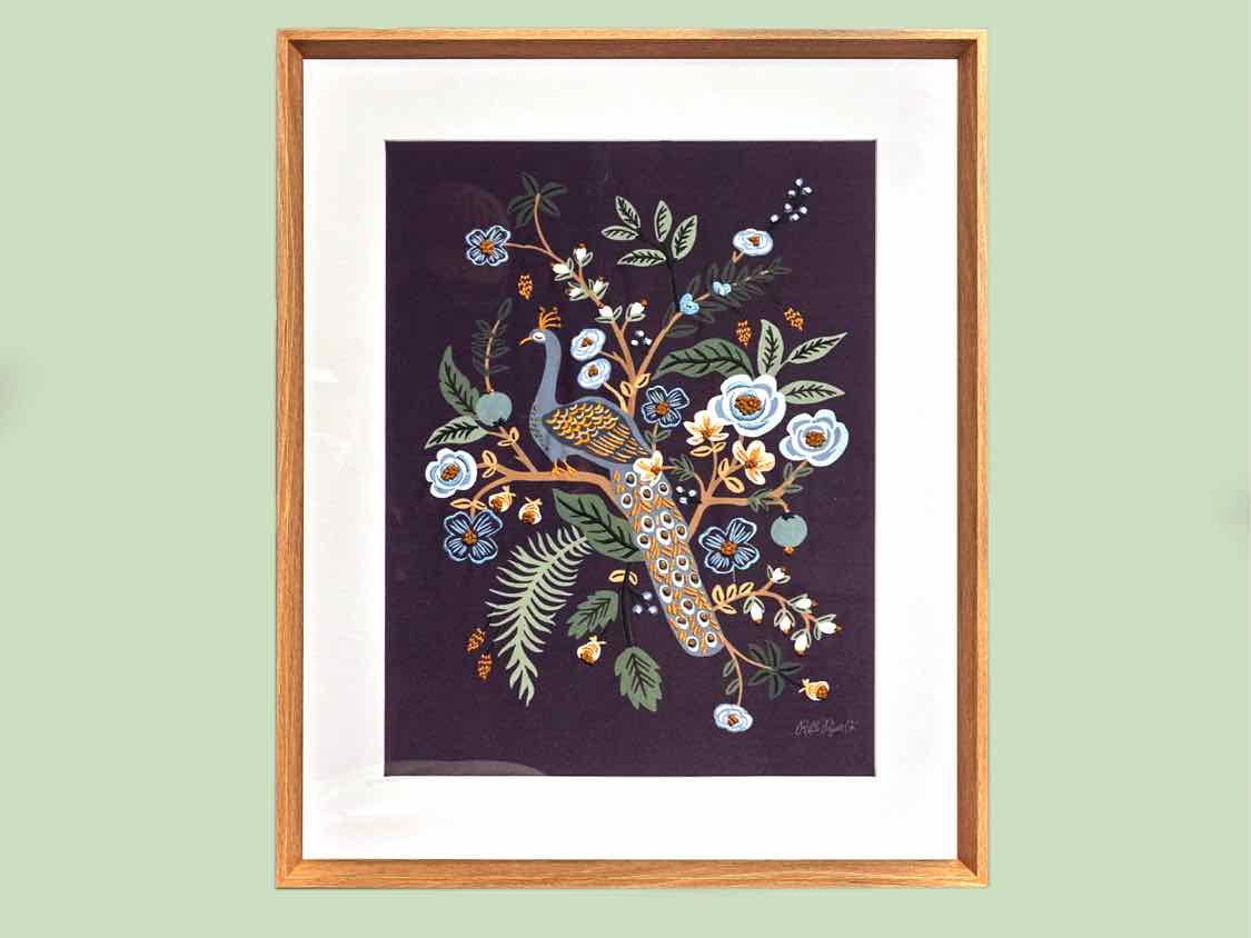 Embroidered Peacock in Light Wood Frame