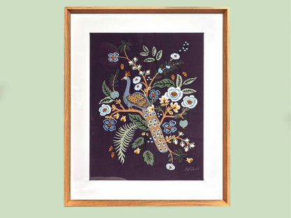 Embroidered Peacock in Light Wood Frame