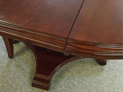 Round Cherry Pedestal Table with Leaf & Set of 4 Chairs with Navy & White Seats