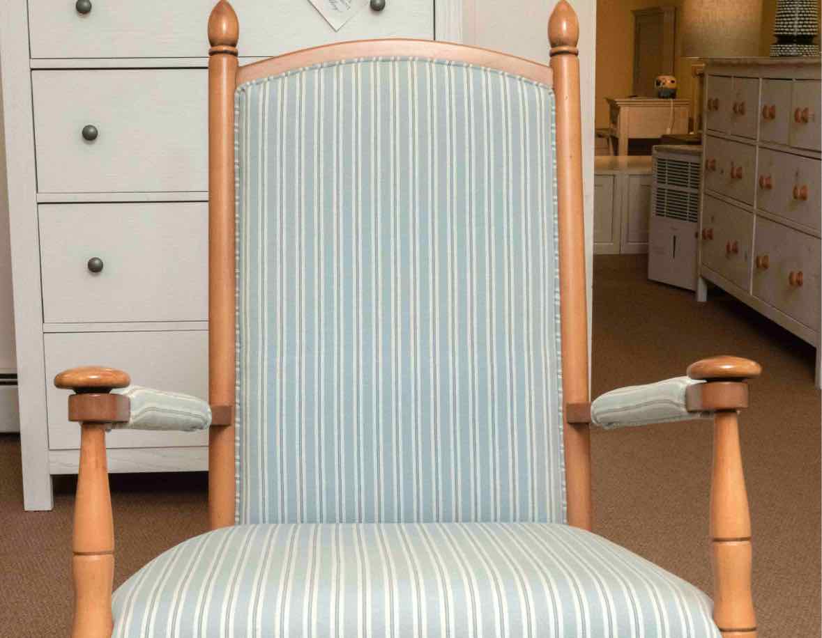 Blue Stripe Fabric Ash Stained  Nutmeg Finish Rocking Chair