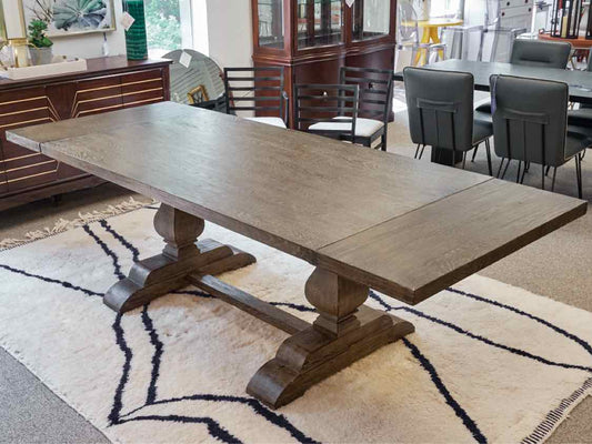 Arhaus 'Kensington' Weathered Oak Trestle Double Pedestal  Dining Table