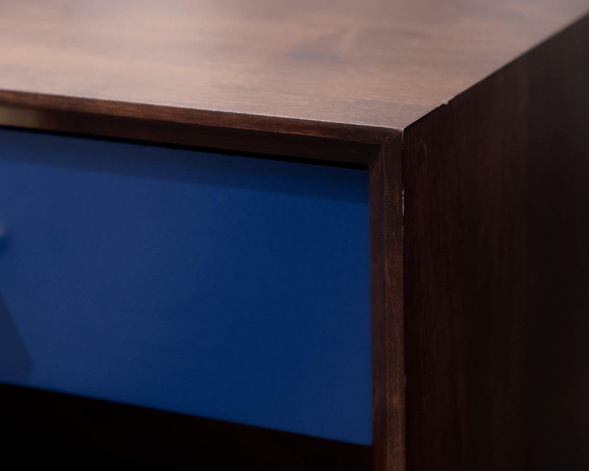 Pair of Espresso Wooden Nightstands With Navy Drawers