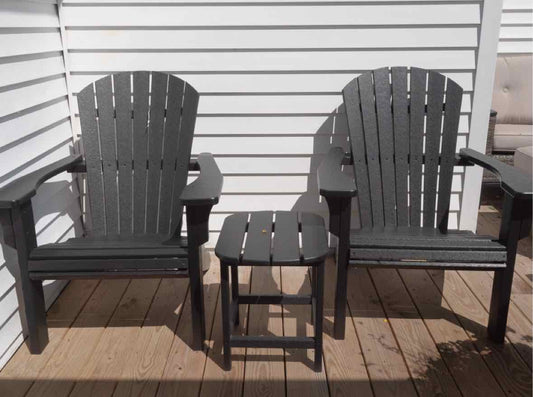 Pair Of Polywood Black Finish Adirondack Chairs & Side Table