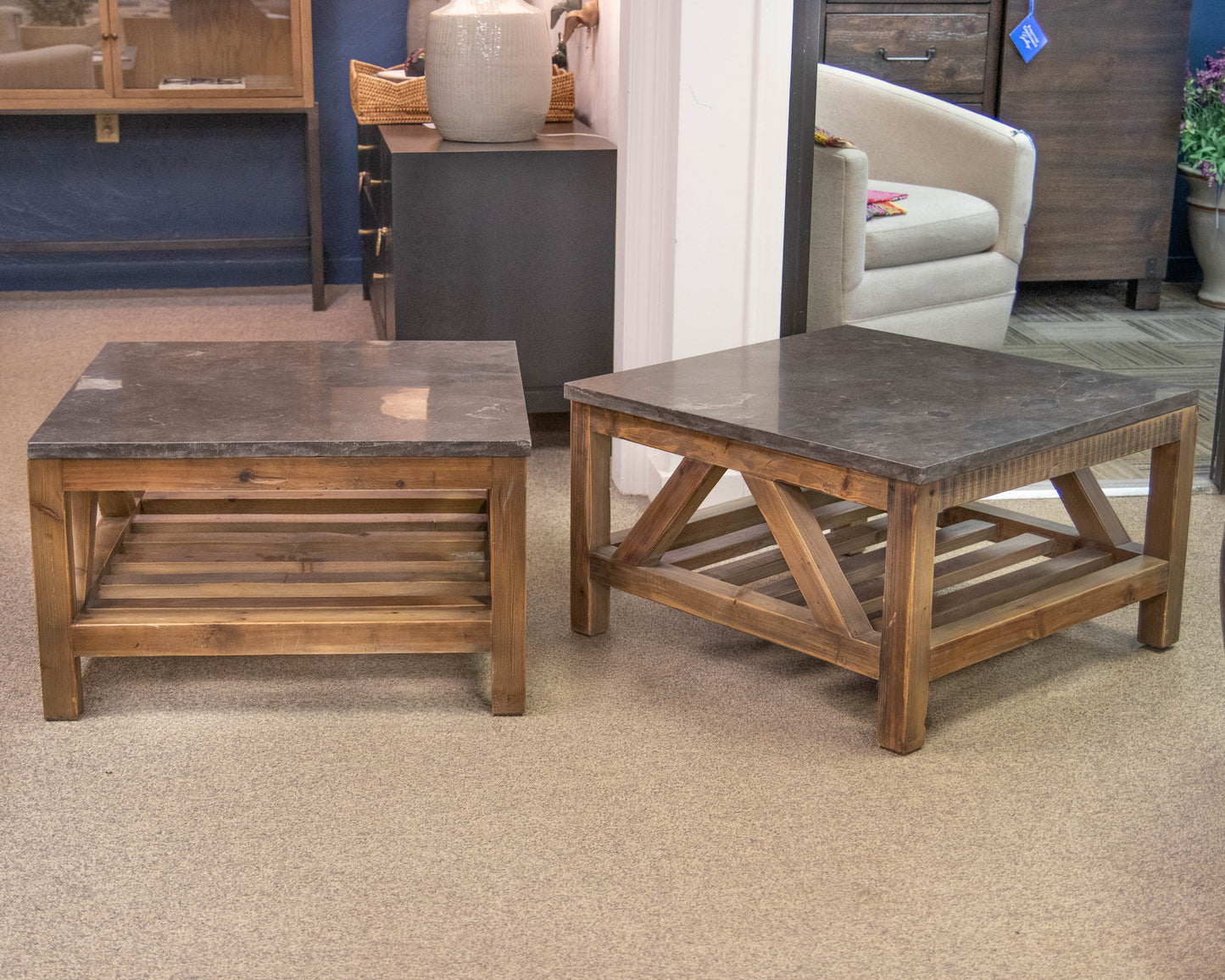 Pair of Rustic Pine & Stone Cocktail Tables