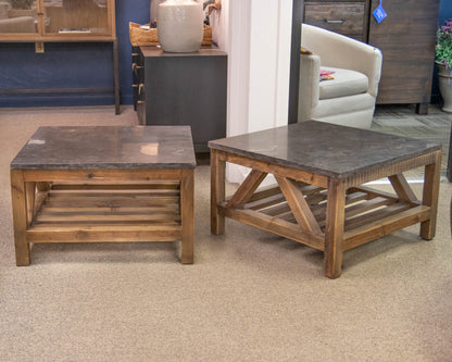 Pair of Rustic Pine & Stone Cocktail Tables