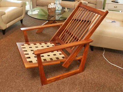 Teak Reclining Chair Blue & Stripe Fabric Includes Tray Ottoman