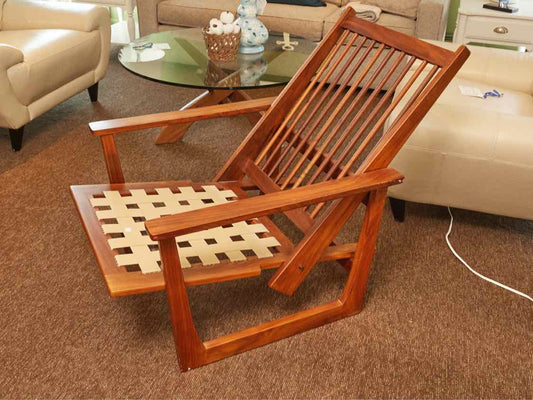Teak Reclining Chair Blue & Stripe Fabric Includes Tray Ottoman