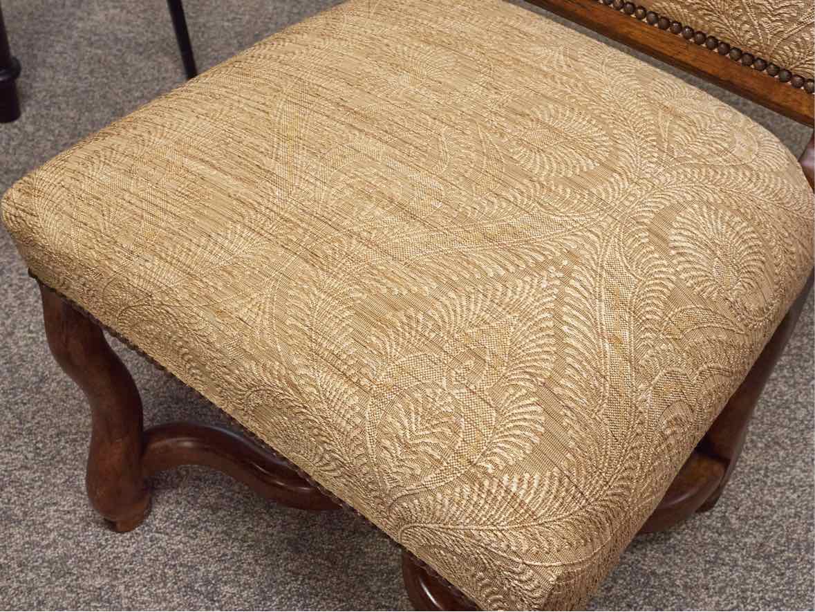 Wood Paneled Dining Table & 8 Fabric Dining Chairs w/ Nail Head Trim