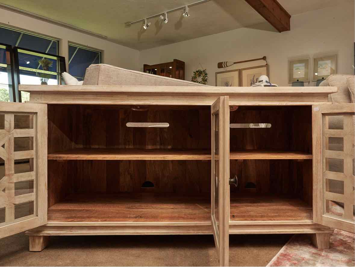 Distressed Rustic  White Finish 3 Glass Door Media Furniture