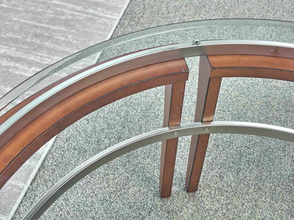 Round Cherry & Black Base Cocktail Table W/ Glass Top