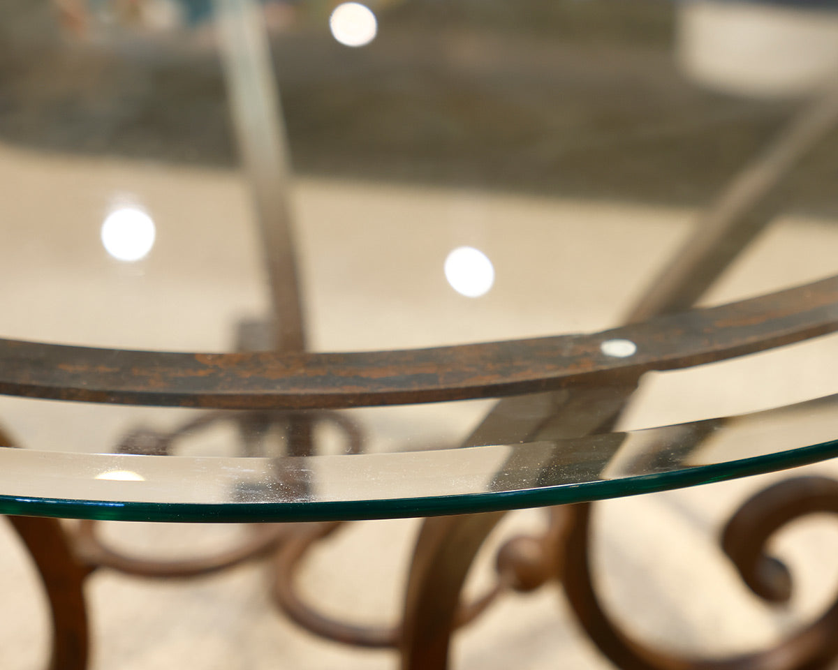 Comina Round Glass and Iron Scroll Base Cocktail Table