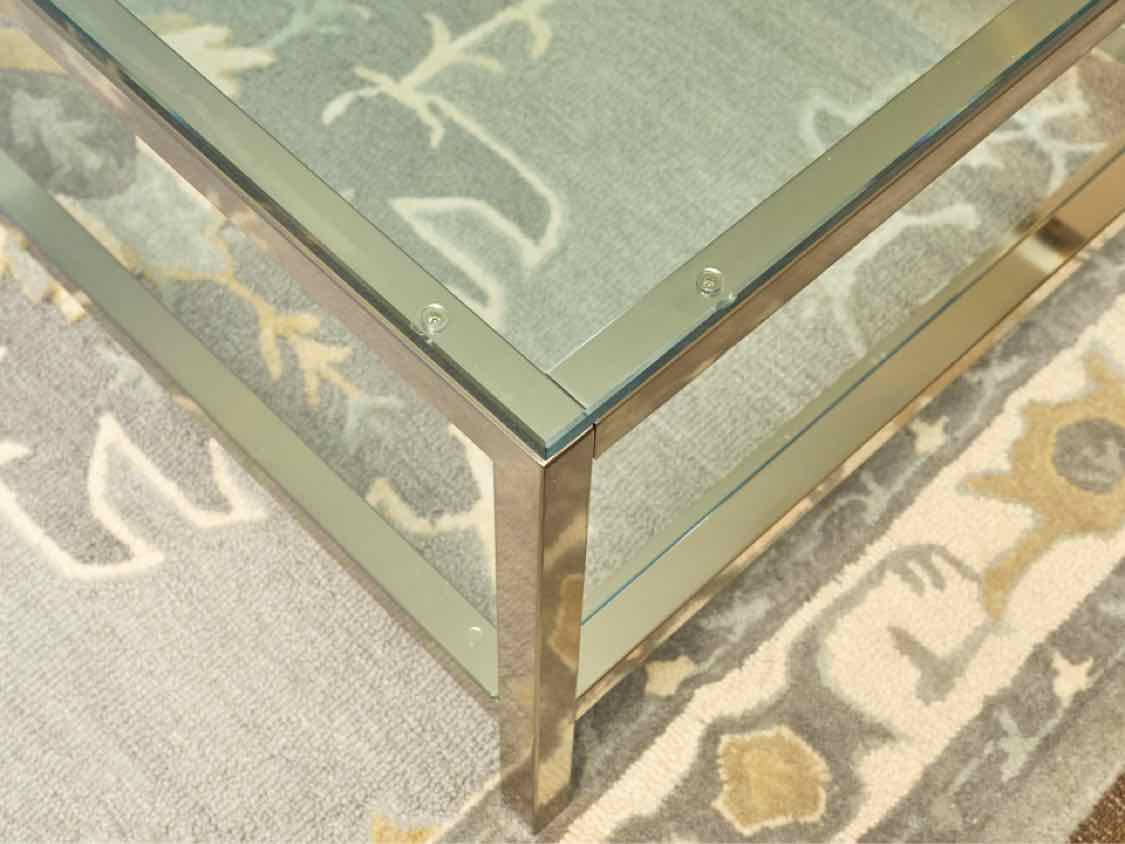 Silver Rectangular Cocktail Table with Glass Top & Shelf
