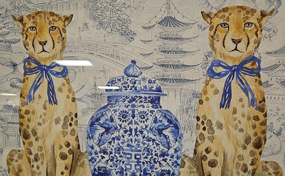 'Oriental Leopards' with Chinoise Background & Gold Frame
