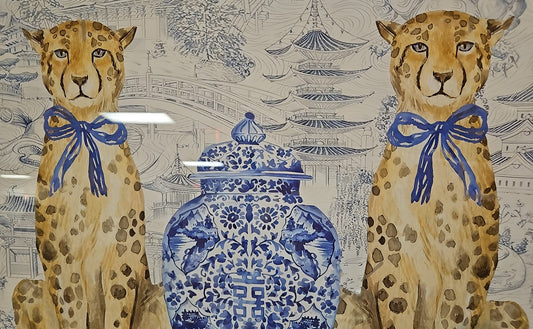 'Oriental Leopards' with Chinoise Background & Gold Frame