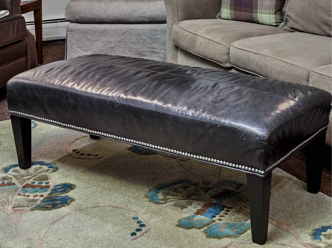 Grey Blue Leather Nailhead Trim Black Finish Legs Ottoman