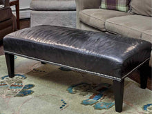 Grey Blue Leather Nailhead Trim Black Finish Legs Ottoman