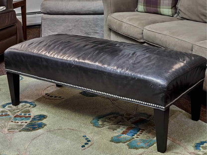 Grey Blue Leather Nailhead Trim Black Finish Legs Ottoman
