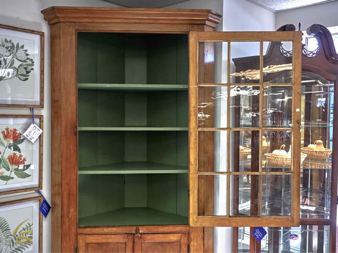 Fir Glass Pane Door Corner Cabinet with Painted Dandelion Green Finish  Interior