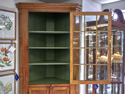 Fir Glass Pane Door Corner Cabinet with Painted Dandelion Green Finish  Interior