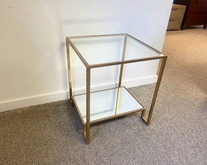 Antique Gold Side Table W/ Glass Top & Mirrored Shelf