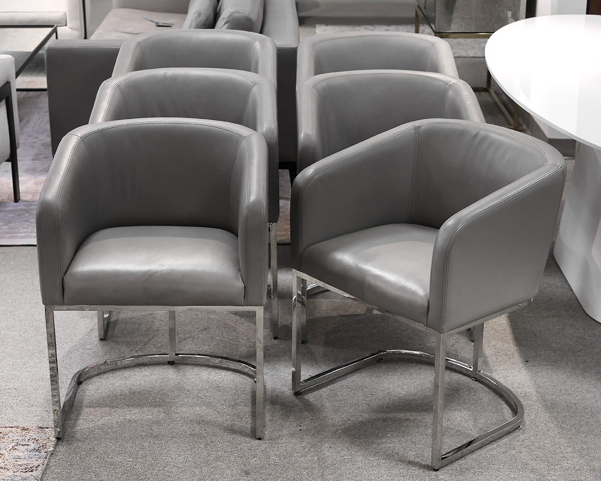 Set of 6 Restoration Hardware Emery Barrelback Leather Dining Chairs in Grey