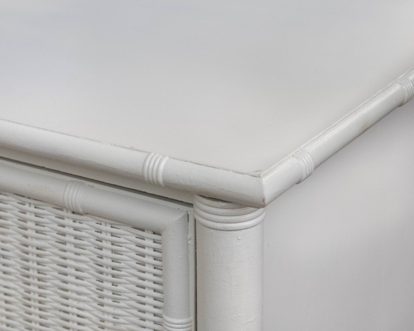 Pair Of Faux Bamboo White Nightstands Featuring 2 Drawers In Wrapped Rattan