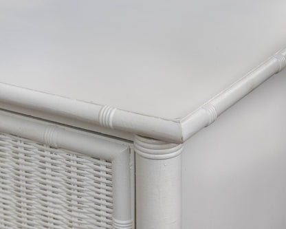 Pair Of Faux Bamboo White Nightstands Featuring 2 Drawers In Wrapped Rattan