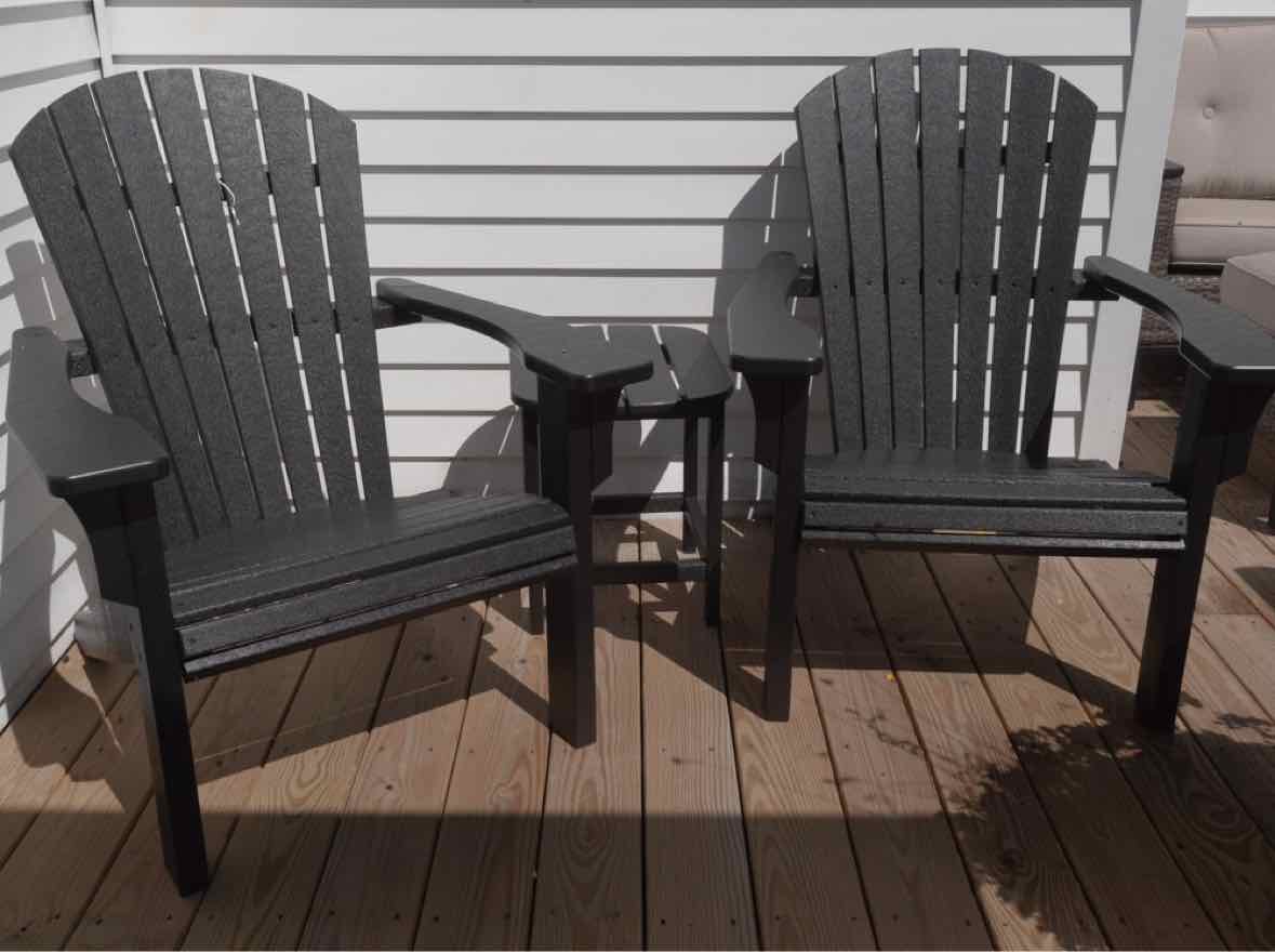 Pair Of Polywood Black Finish Adirondack Chairs & Side Table