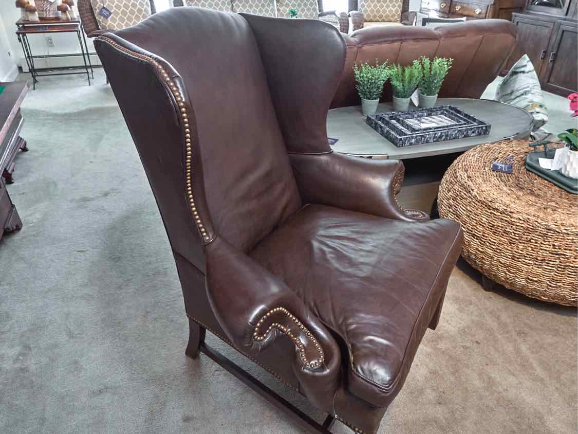 Pair Of Sam Moore 'Walnut Brown' Leather Wing Back Nailhead Trim Chairs