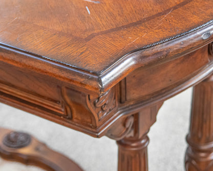 Broyhill Warm Brown Writting Desk W/Inlaid Table Top & Carved Trestle Leg Base