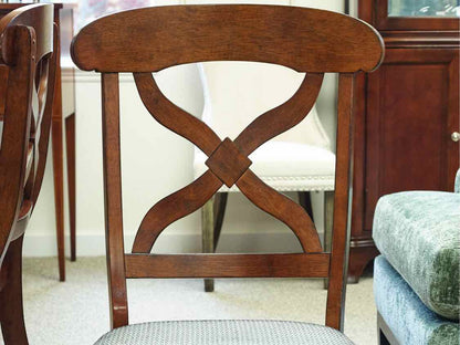 Round Cherry Pedestal Table with Leaf & Set of 4 Chairs with Navy & White Seats