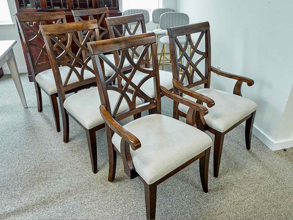 Set of 6 Klaussner Dining Chairs in Dark Finish with Grey Heather Seats