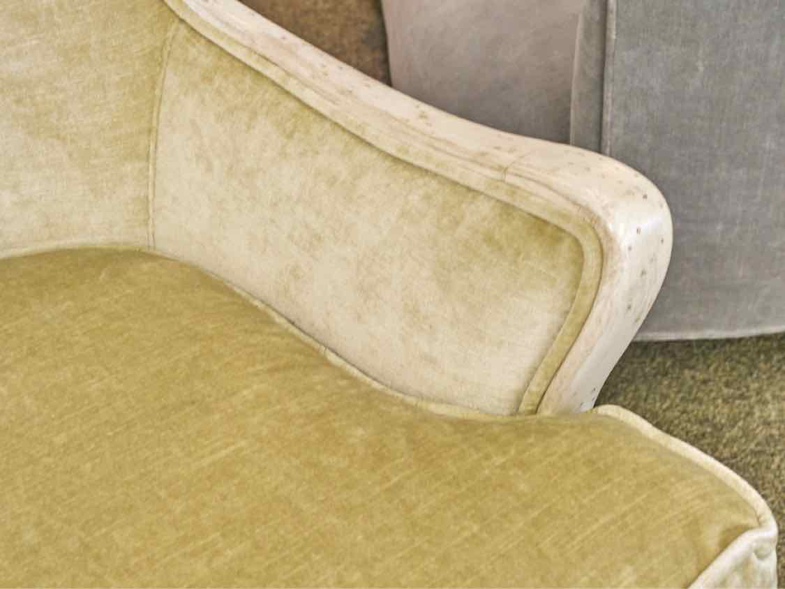 Mitchell Gold White Wash Frame Wing Chair Upholstered in Chamagne Gold Velvet