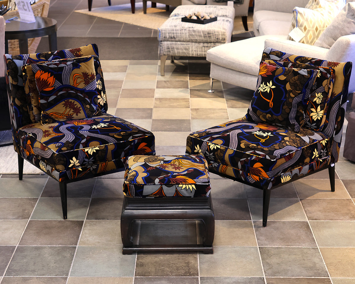 Pair of Baker Chairs With Ottoman