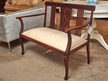 Antique Mahogany Arm Bench With Inlay Accents Upholstered Seat