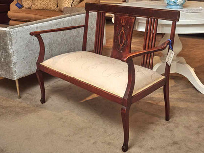 Antique Mahogany Arm Bench With Inlay Accents Upholstered Seat